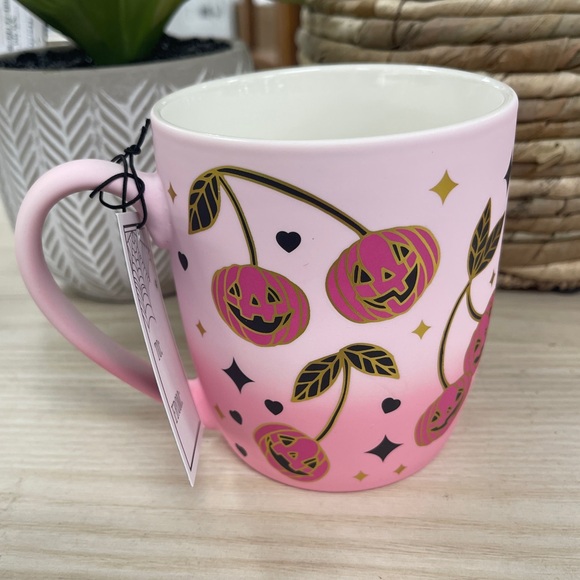Pink Halloween Cherry Jack o’lanterns Smooth Matte Soft Touch Mug NWT HTF - Picture 2 of 4